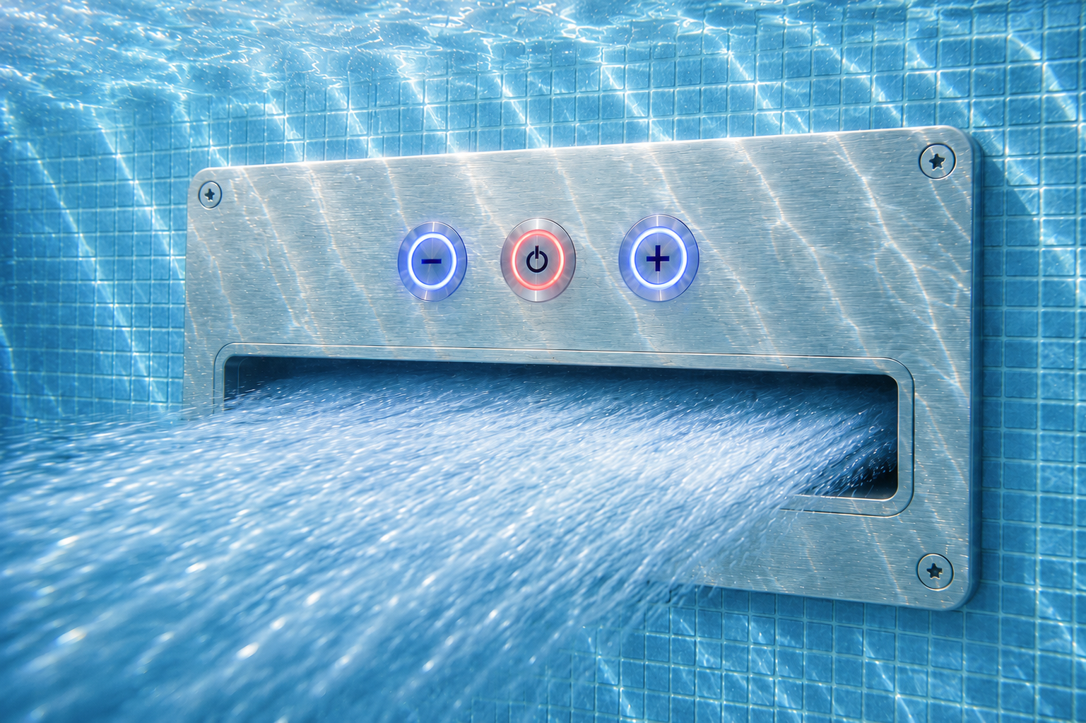 Edelstahl-Piezo-Bedienfeld für Gegenstromanlage, montiert an einer gefliesten Poolwand
