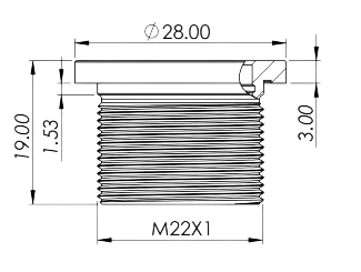 PTF-22-PDC side view dimensional drawing — M22x1 thread, Ø28mm, 19mm depth
