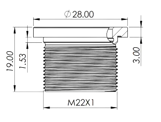 PTF-22-PDC side view dimensional drawing — M22x1 thread, Ø28mm, 19mm depth