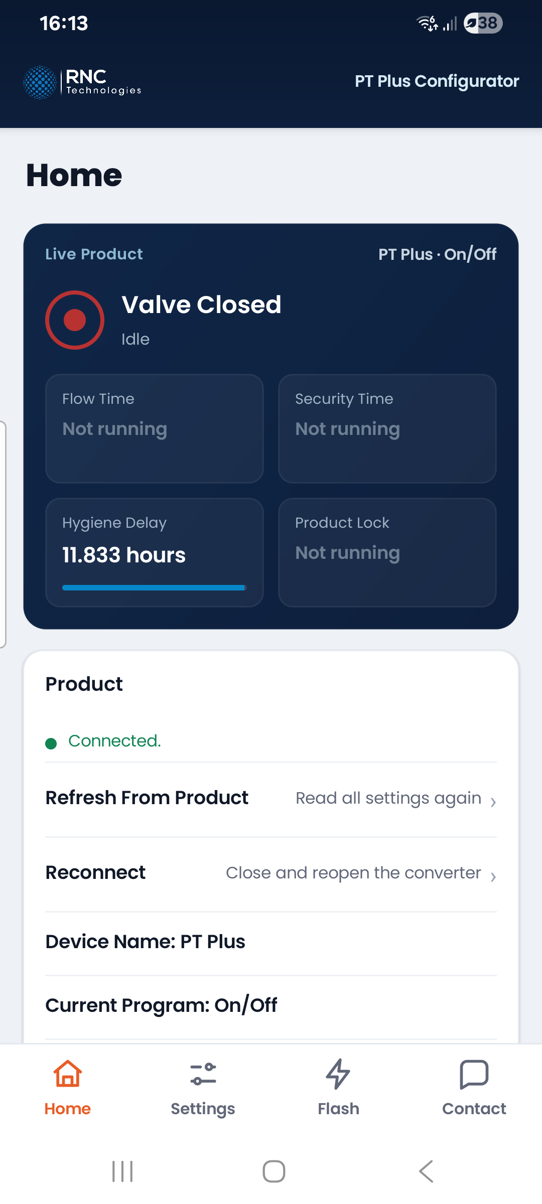 La app PT Plus Configurator en un teléfono Android, con un producto conectado, su estado en vivo y los temporizadores