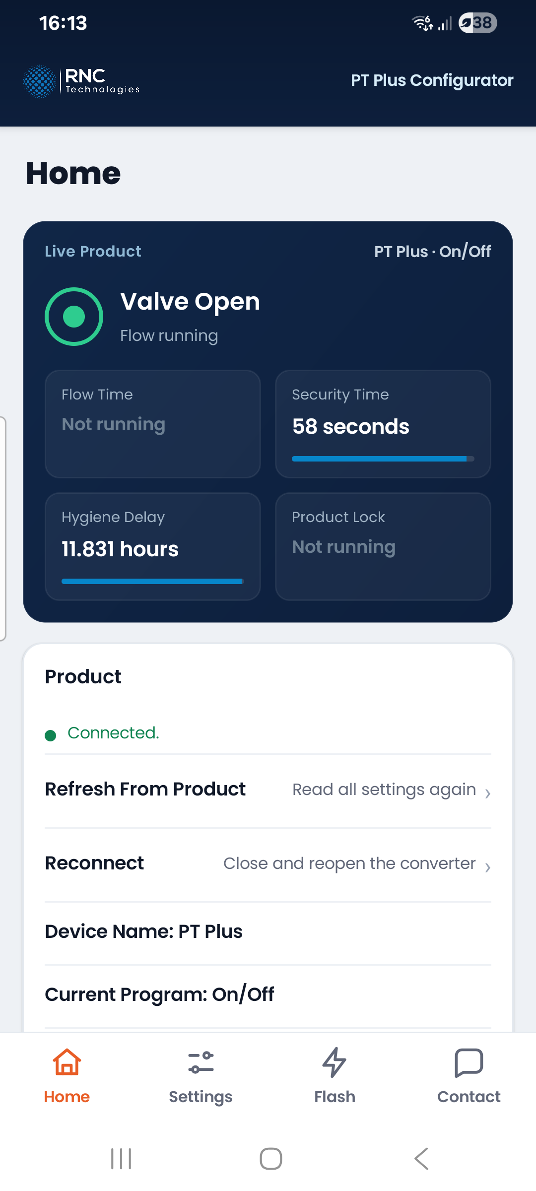 The PT Plus Configurator home screen, connected to a product, with the valve open and the timers counting down
