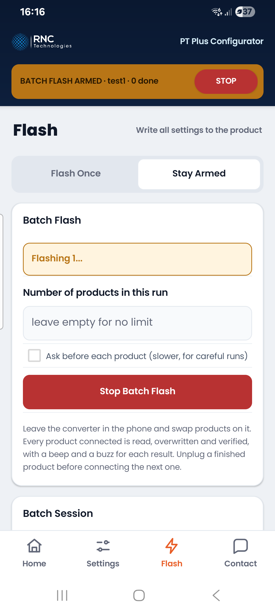 The app armed for a production run, with the amber armed bar and a stop button across the top