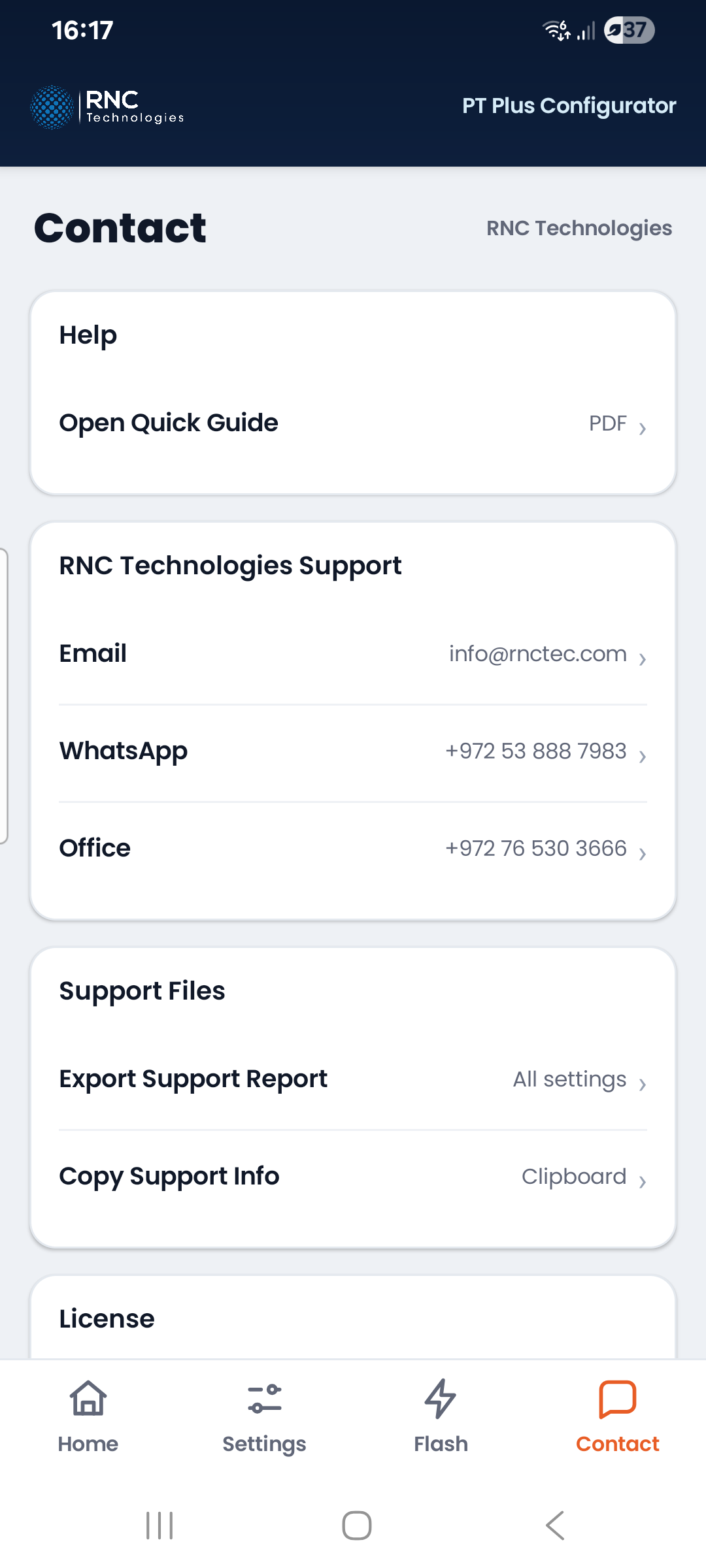 The contact screen, with the licence state and the option to send a diagnostic log