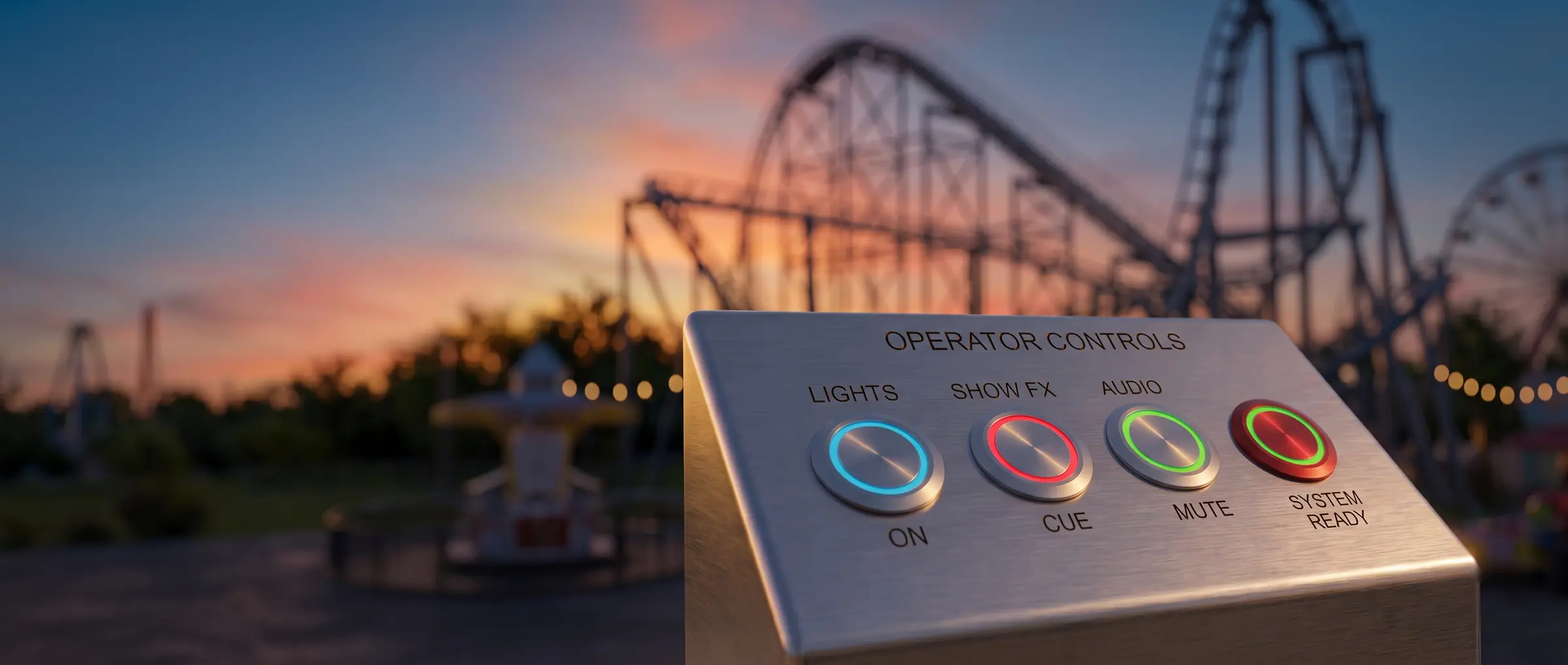 Brushed-metal RNC operator control panel with illuminated solid-state buttons at an amusement park at dusk, roller coaster and Ferris wheel behind